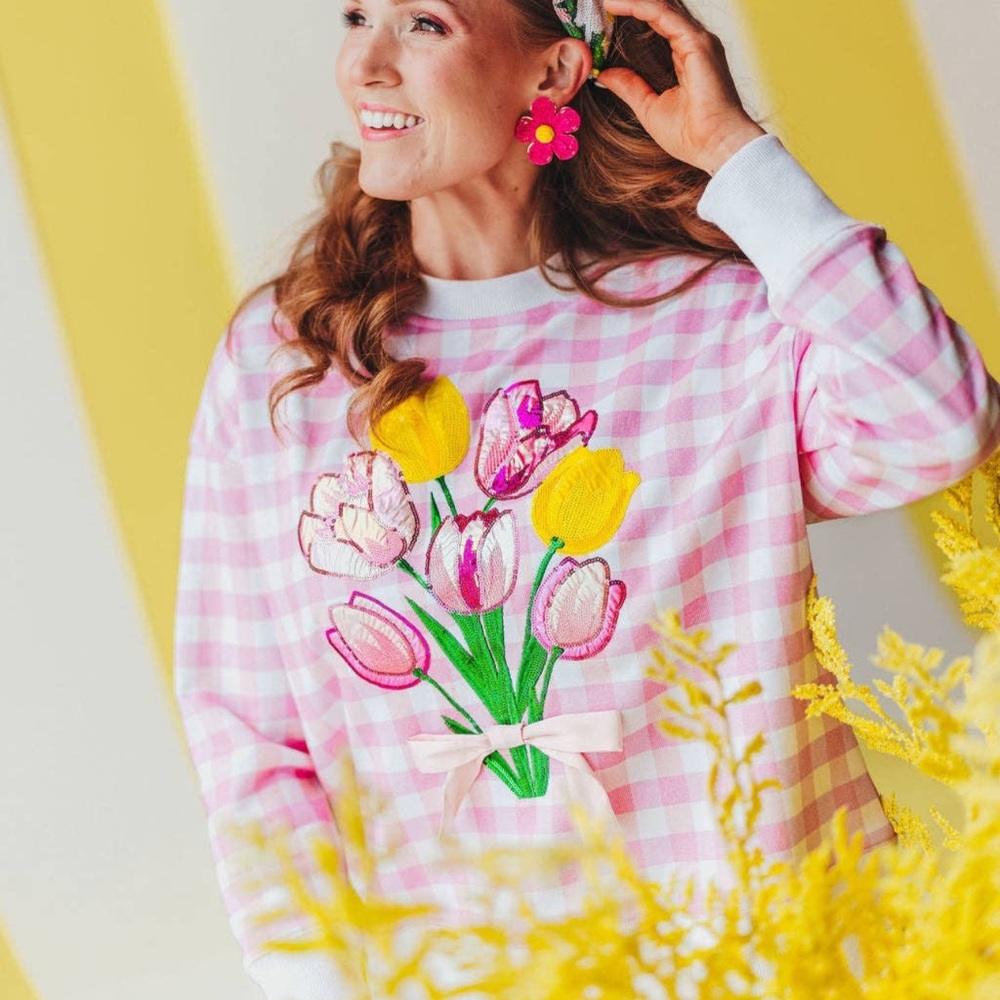 Pink and Yellow Crew Neck Top with Floral Design
